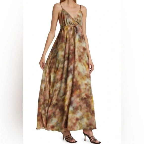 L'AGENCE Brown and Cream Maxi Dress Elegant Lined Abstract Print SP - Picture 10 of 16